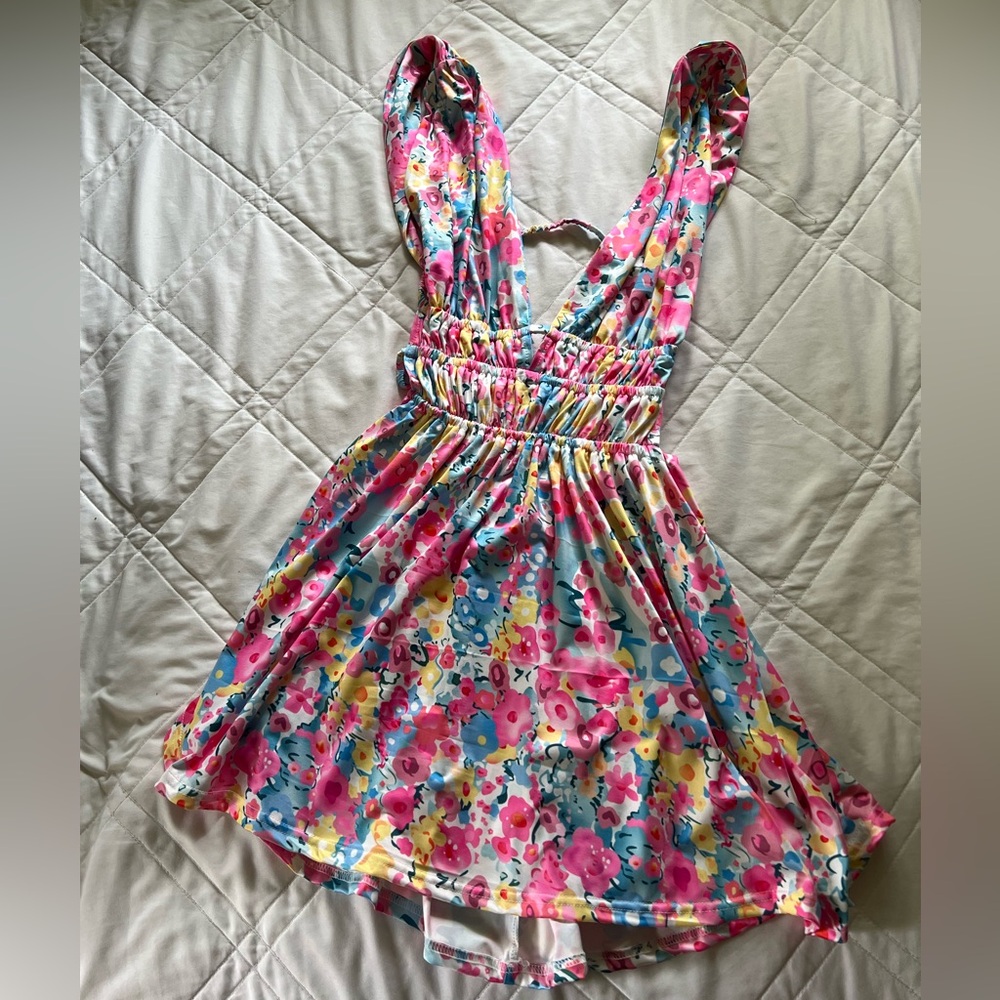Pink and Blue Plunge Neck Ruched Sundress